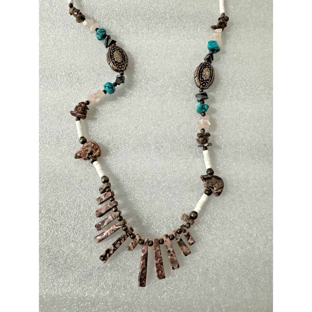 Southwestern Fetish Animal Bear Necklace Multi Stone Sterling Silver Turquoise